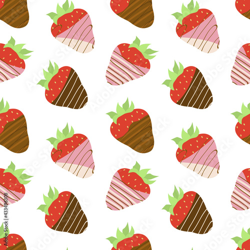 Seamless vector pattern with chocolate covered strawberries on  white background. Food dessert endless ornament.