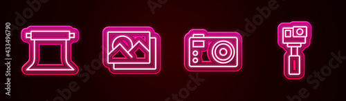 Set line Empty photo studio, Photo frame, camera and Action. Glowing neon icon. Vector