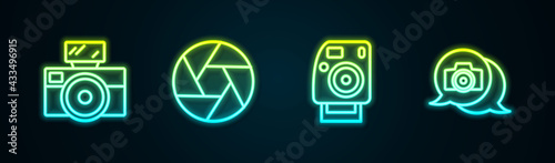 Set line Photo camera with flash, Camera shutter, and . Glowing neon icon. Vector