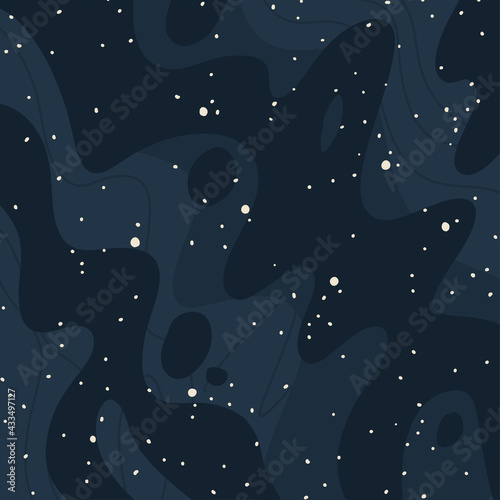 Milky way galaxy black background with blue stars nebula. Hand drawn flat vector illustration.