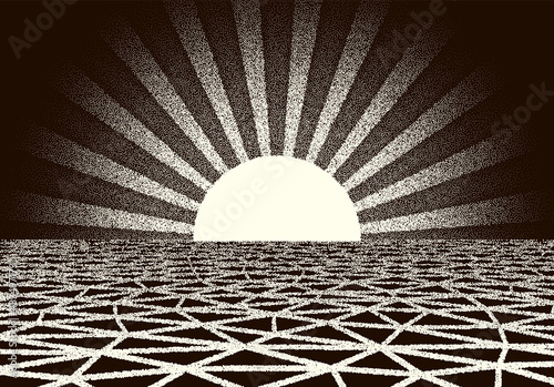 Retro dotwork landscape with 80s styled sun rays, laser grid and stars background from old sci-fi book or poster