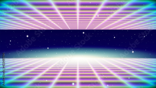 Retro neon background with 80s styled laser grid and stars