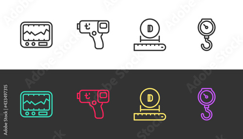 Set line Measuring instrument, Digital thermometer, Diameter and Hand scale spring mechanical on black and white. Vector