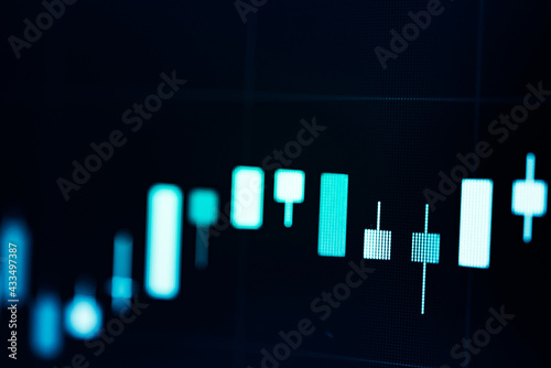 Financial data of stock market in term of a digital prices on LED display. A number of daily market price and quotation of prices chart to represent candle stick tracking in Forex trading.