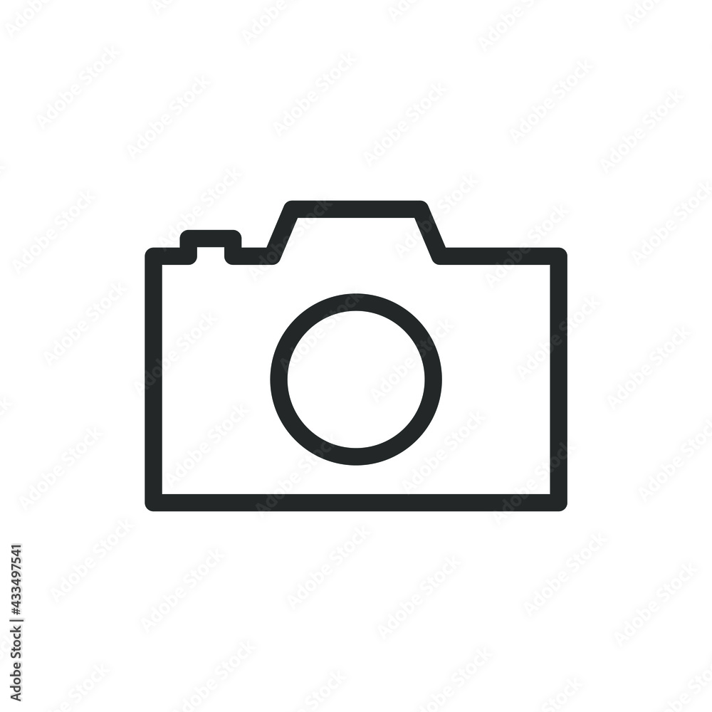 Camera icon symbol. Photograph sign. Simple flat shape logo. Black outline silhouette isolated on white background. Vector illustration image.