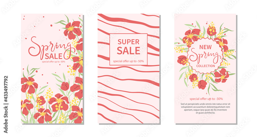 Set  of trendy template spring sale for social networks stories with flowers and lettering. Suitable for marketing promotions, stories, post and web internet ads. Vector illustration.