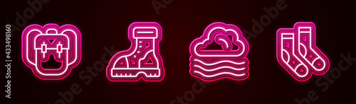 Set line School backpack, Waterproof rubber boot, Windy weather and Socks. Glowing neon icon. Vector
