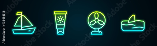 Set line Yacht sailboat, Sunscreen cream in tube, Electric fan and Shark fin ocean wave. Glowing neon icon. Vector