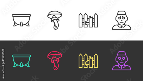 Set line Halloween witch cauldron, Psilocybin mushroom, Garden fence wooden and Priest on black and white. Vector