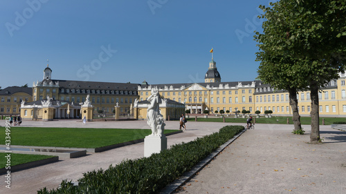 Baroque palace "Karlsruhe Palace", panoramic view from the outdoor park area in times of Coronavirus pandemic 