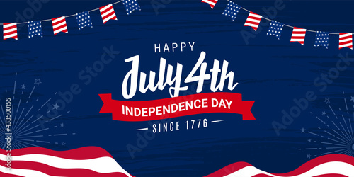 Happy 4th of July, independence day since 1776 design with ribbon on the USA waving flag and grunge, firework burst celebration background 