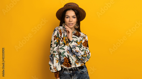 beautiful attractive stylish brunette woman in trendy fashion clothes outfit