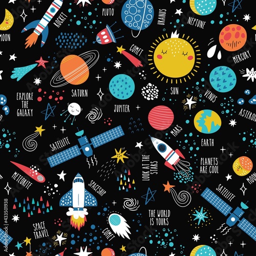 Seamless childish pattern with space elements, star. Creative nursery background. Perfect for kids design, fabric, wrapping, wallpaper, textile, apparel