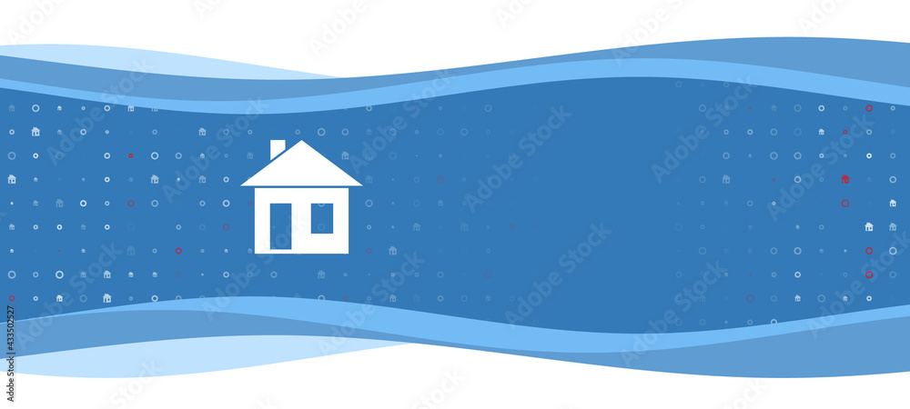 Blue wavy banner with a white house symbol on the left. On the background there are small white shapes, some are highlighted in red. There is an empty space for text on the right side