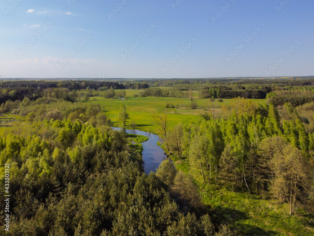 Obraz premium Flight over a small river on a sunny spring day. 