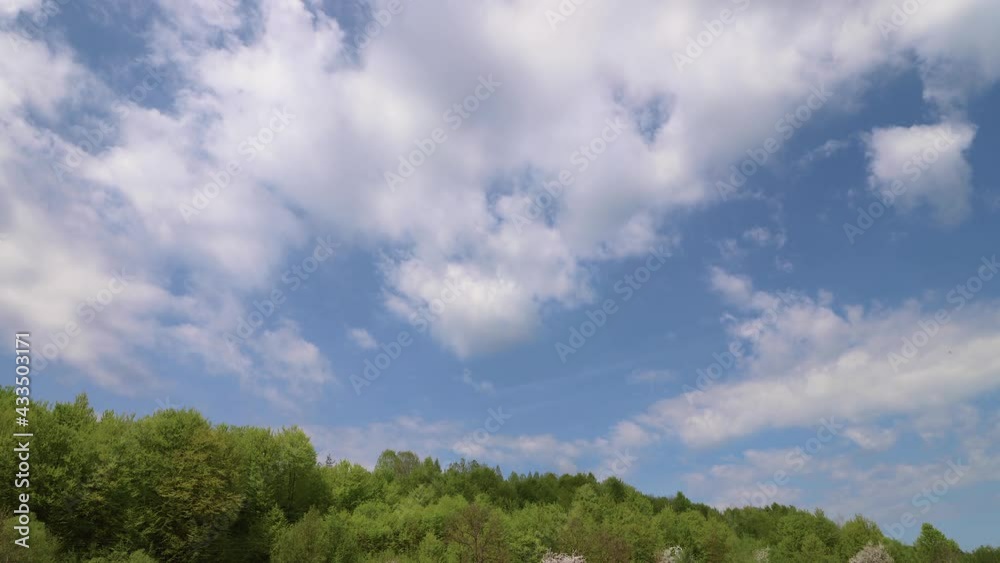 Amazing time-lapse of coming fluffy clouds in the sky over a hill with green trees Amazing time-lapse of coming fluffy clouds in the sky over a hill with green trees