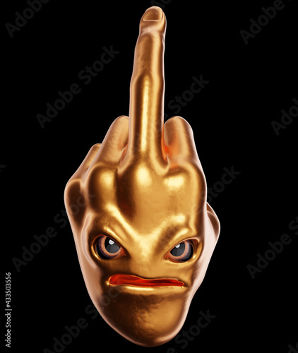 Hand, middle finger. Fuck you emoji sign cartoon character face bully concept. Funny devil bully fuckman emoticon. 3d illustration. Isolated on black