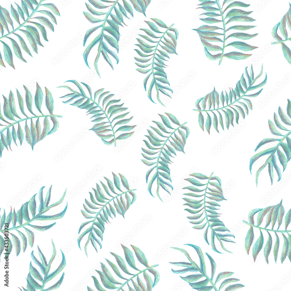 Seamless pattern with colored tropicall branches of leaves. Hand drawn sketch of  floral elements in colored pencil technique.