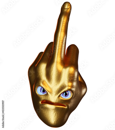 Hand showing middle finger emoji face golden funny. Fuck you stylized cartoon character. Aggressive metaphor emoticon concept. 3d illustration