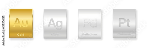 Gold, silver, platinum and palladium bars. Four precious metals, chemical elements with a high economic value. Isolated vector illustration on white background.
