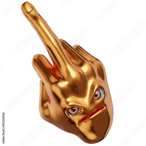 Middle finger funny cartoon character emoticon concept. Fuck you hand face stylized emoji golden. 3d illustration