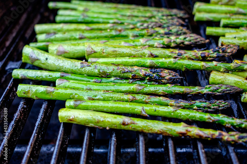 Fresh asparagus being grilled