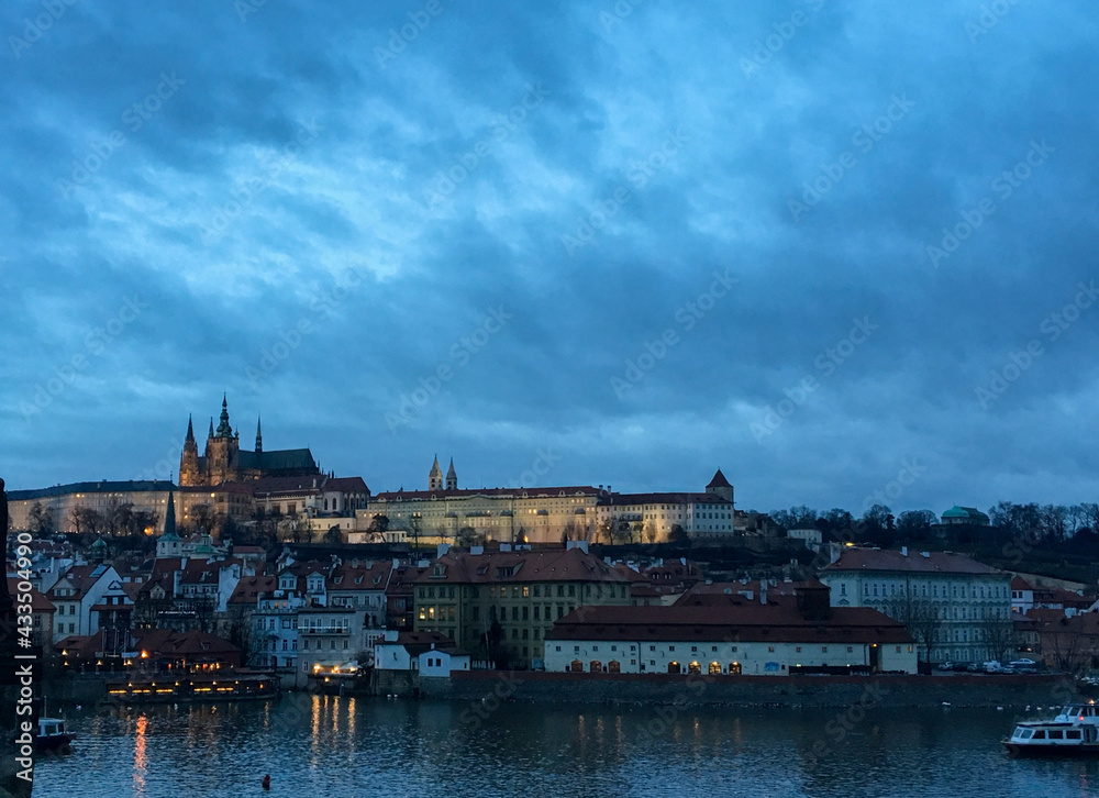 View from the Charles Bridge to the Rotunda of St. Vitus Cathedral in Prague Castle. Prague, Czech Republic