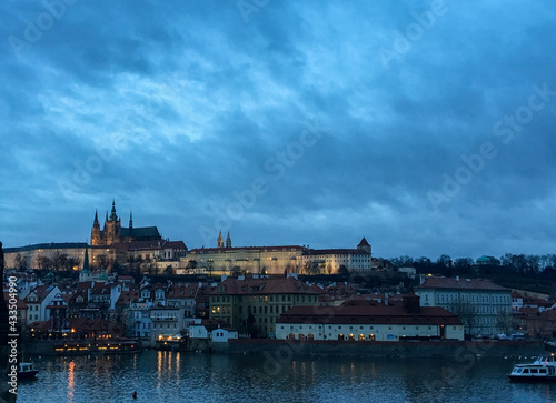 View from the Charles Bridge to the Rotunda of St. Vitus Cathedral in Prague Castle. Prague, Czech Republic