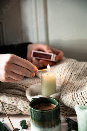hygge atmosphere with candle and incens