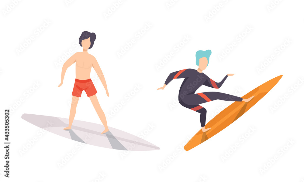 Set of People in Swimwear Surfing in Sea, Man Surfers in Beachwear Performing Leisure Outdoor Activities at Beach with Surfboards Flat Vector Illustration