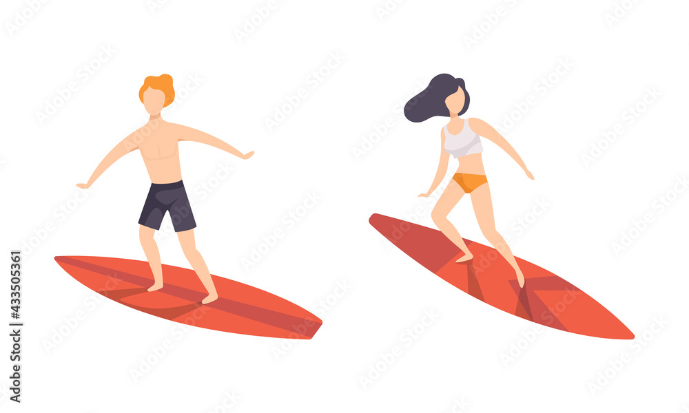 Set of People Surfing in Sea, Surfers in Beachwear Performing Leisure Outdoor Activities at Beach with Surfboards Flat Vector Illustration