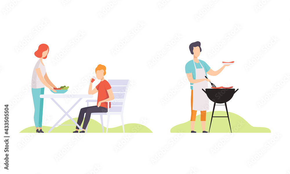 Set of People Cooking and Eating Barbecue, Friends Having Picnic in Backyard or Park Flat Vector Illustration Set of People Cooking and Eating Barbecue, Friends Having Picnic in Backyard or Park Flat Vector Illustration