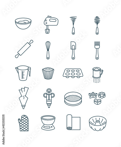 Home baking tools. Flat vector thin line icons. Essential kitchen equipment for pastry cooking. Outline pictograms of rolling pin, whisks, cake and bundt pan, cookie cutter, muffin liner, flour sifter