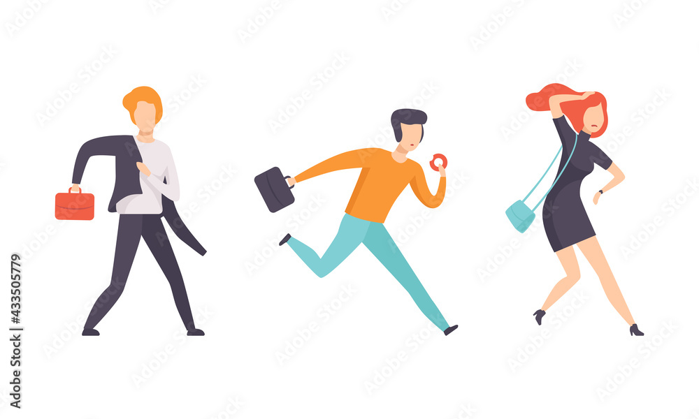 Set of Business People Running with Briefcase, Male and Female Persons Rushing in Hurry to Get on Time Flat Vector Illustration