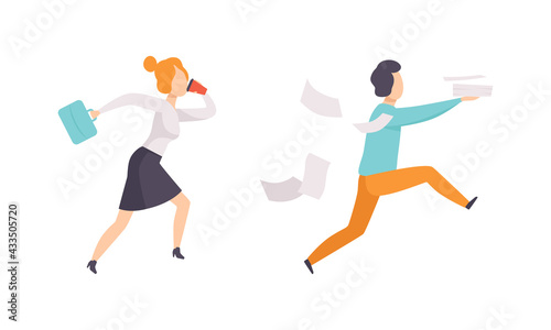 People Running with Briefcase, Business Person Rushing in Hurry to Get on Time Set Flat Vector Illustratio