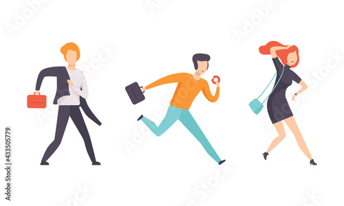 Set of Business People Running with Briefcase, Male and Female Persons Rushing in Hurry to Get on Time Flat Vector Illustration