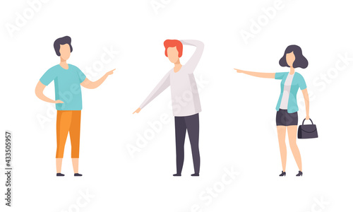 Set of People Pointing with their Forefingers, Young Man and Woman Gesturing with their Index Fingers Flat Vector Illustration