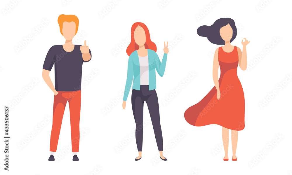 Obraz premium People Gesturing Set, Man and Woman Showing Negative and Positive Gestures, Nonverbal Communication Concept Flat Vector Illustration