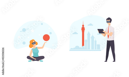 People Using Virtual Reality Technologies Set, Male and Female Characters Traveling Wearing Vr Glasses Flat Vector Illustration