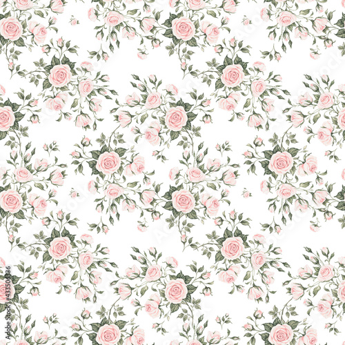 Seamless floral pattern drawn by paints on paper blooming branches of roses. Beautiful print for textile and design. 