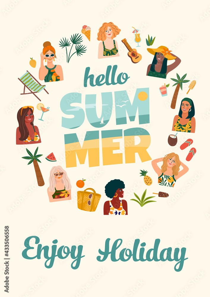 Fototapeta premium Summer illustration with cute women. Summer holliday, vacation, travel. Vector template