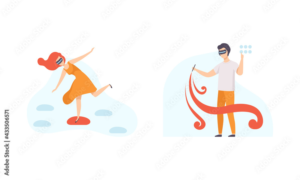 People Using Virtual Reality Technologies Set, Male and Female Characters Painting and Doing Sports Wearing Vr Glasses Flat Vector Illustration People Using Virtual Reality Technologies Set, Male and Female Characters Painting and Doing Sports Wearing Vr Glasses Flat Vector Illustration