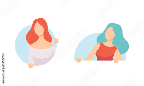 Set of Curious People, Female Characters Peeping and Looking out of Windows Flat Vector Illustration