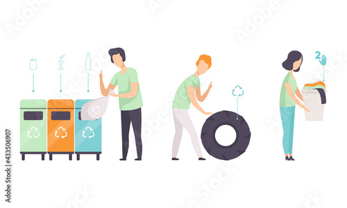 People Sorting Waste for Recycling Set, Male and Female Characters Separating Trash to Reduce Environmental Pollution Flat Vector Illustration