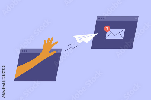 Human hand sending paper airplane from virtual computer window frame. New incoming email message. Send mail concept. Online messaging in internet. Social media chatting. Technology vector illustration