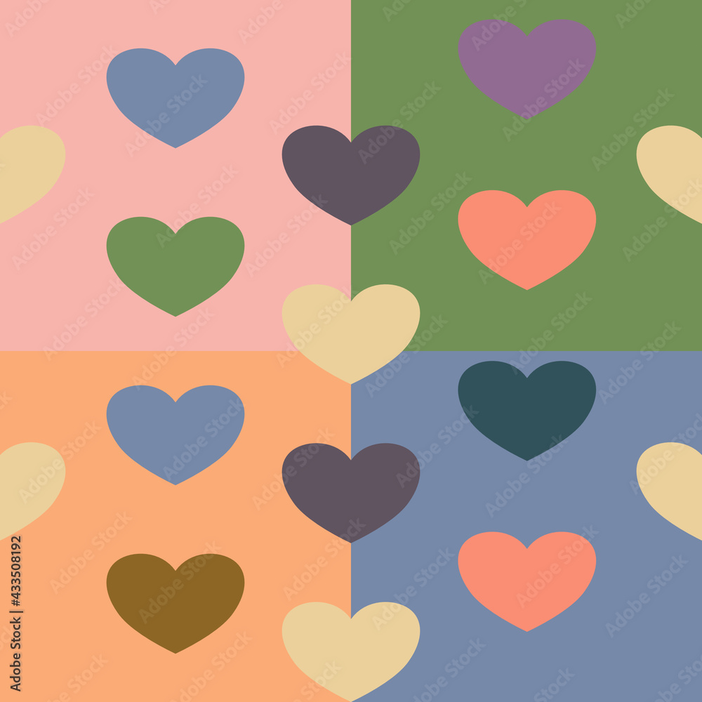 Seamless pattern of geometric shapes and rows of hearts for textiles.