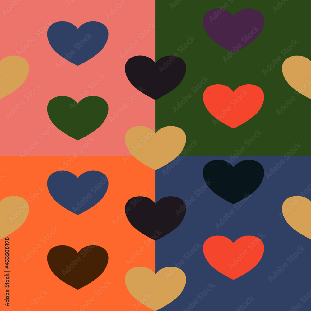 Seamless pattern of geometric shapes and rows of hearts for textiles.