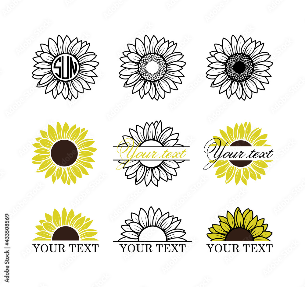 Sunflowers set, Sunflower monogram frame, Yellow sunflower with brown center, Sunflower outline