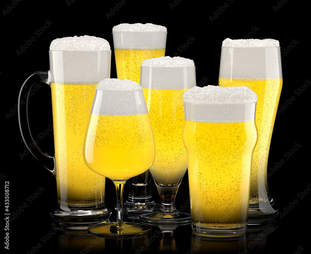 Set of fresh light beer glasses with bubble froth isolated on black background. - obrazy, fototapety, plakaty 