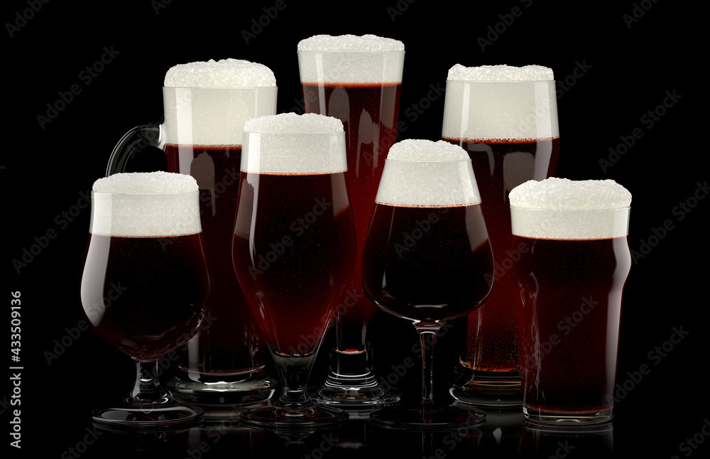 Set of fresh draft beer glasses with bubble froth isolated on black background. - obrazy, fototapety, plakaty 